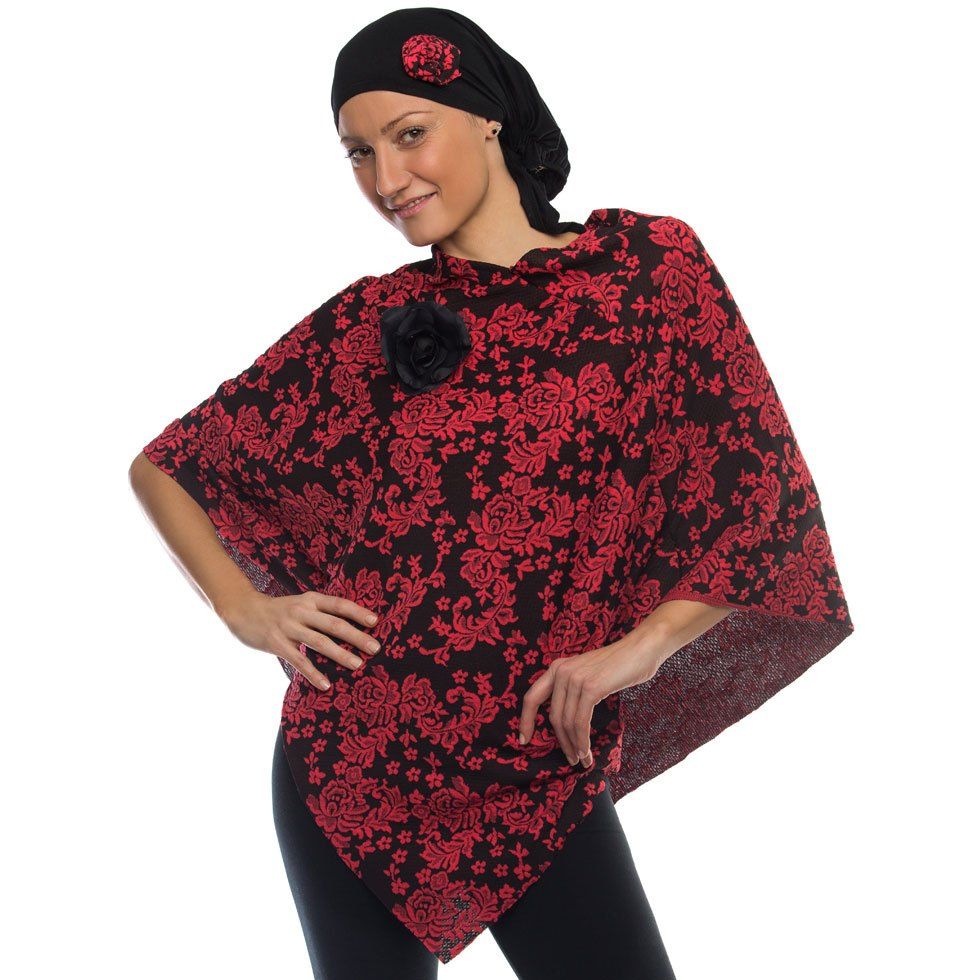 Coral/black Poncho and Head Wrap Set | WPH