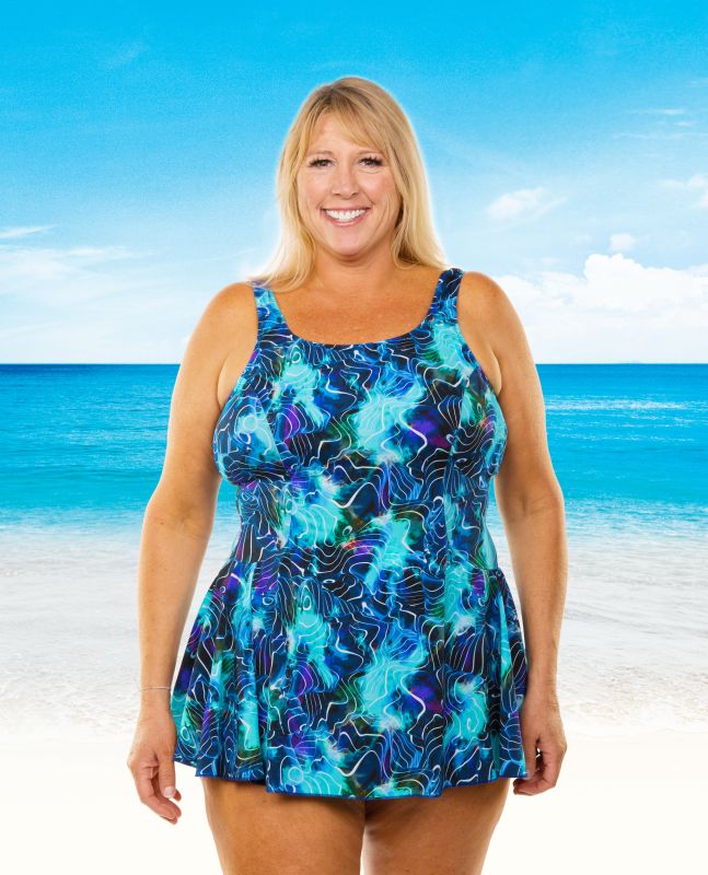 T.H.E. Mastectomy Swim Dress Panty and Skirt Ocean Waves Queen Size WPH