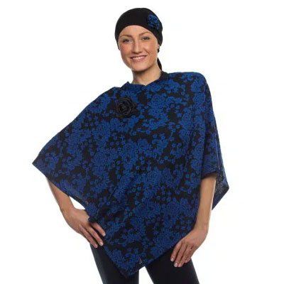Style WILTSBP 402 -  Royal Blue/Black Floral Poncho and Cancer Head Wrap Set