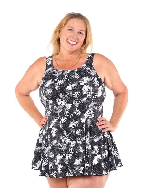 Style THE 996-80/782 -  Mastectomy Cascade‑Front Swim Dress Queen Size – Black & White Print