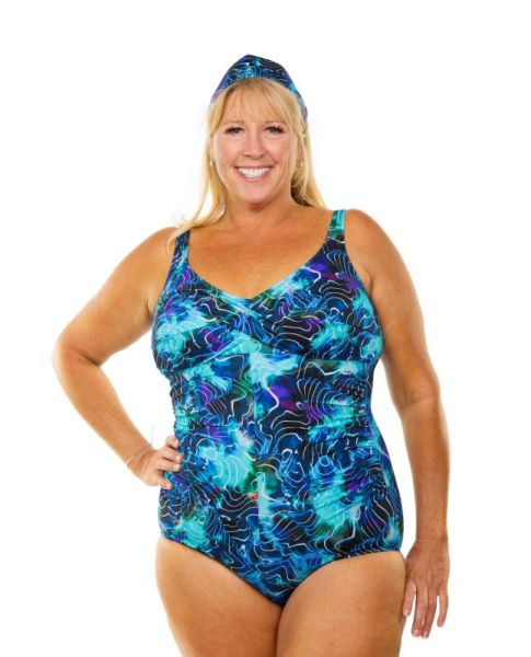 Style 962-60/773 Plus Size -  T.H.E. Mastectomy Twist Bra Mio One Piece Bathing Suit - Ocean Print