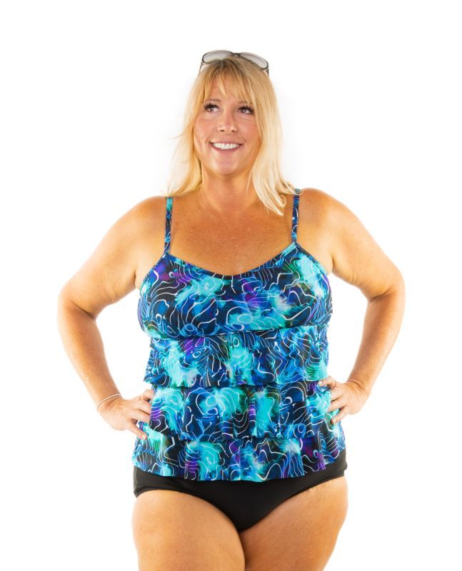 Mastectomy Ruffled Swim Tank Queen Size Wave Print