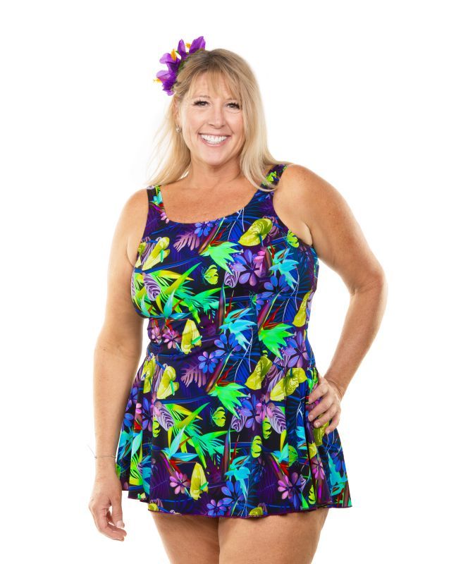 T.H.E. Mastectomy Swim Dress - Panty and Skirt Attached Tropical Queen Size