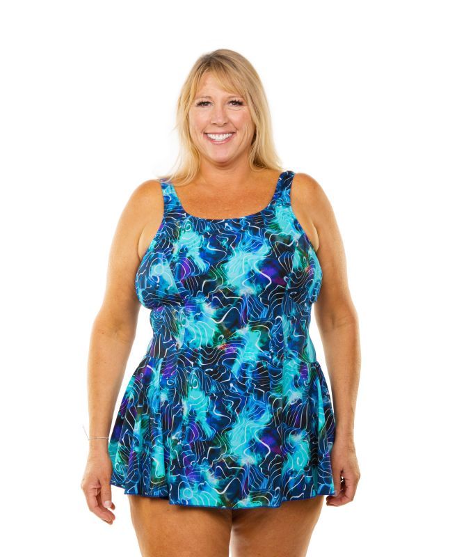 T.H.E. Mastectomy Swim Dress Panty and Skirt Ocean Waves Queen
